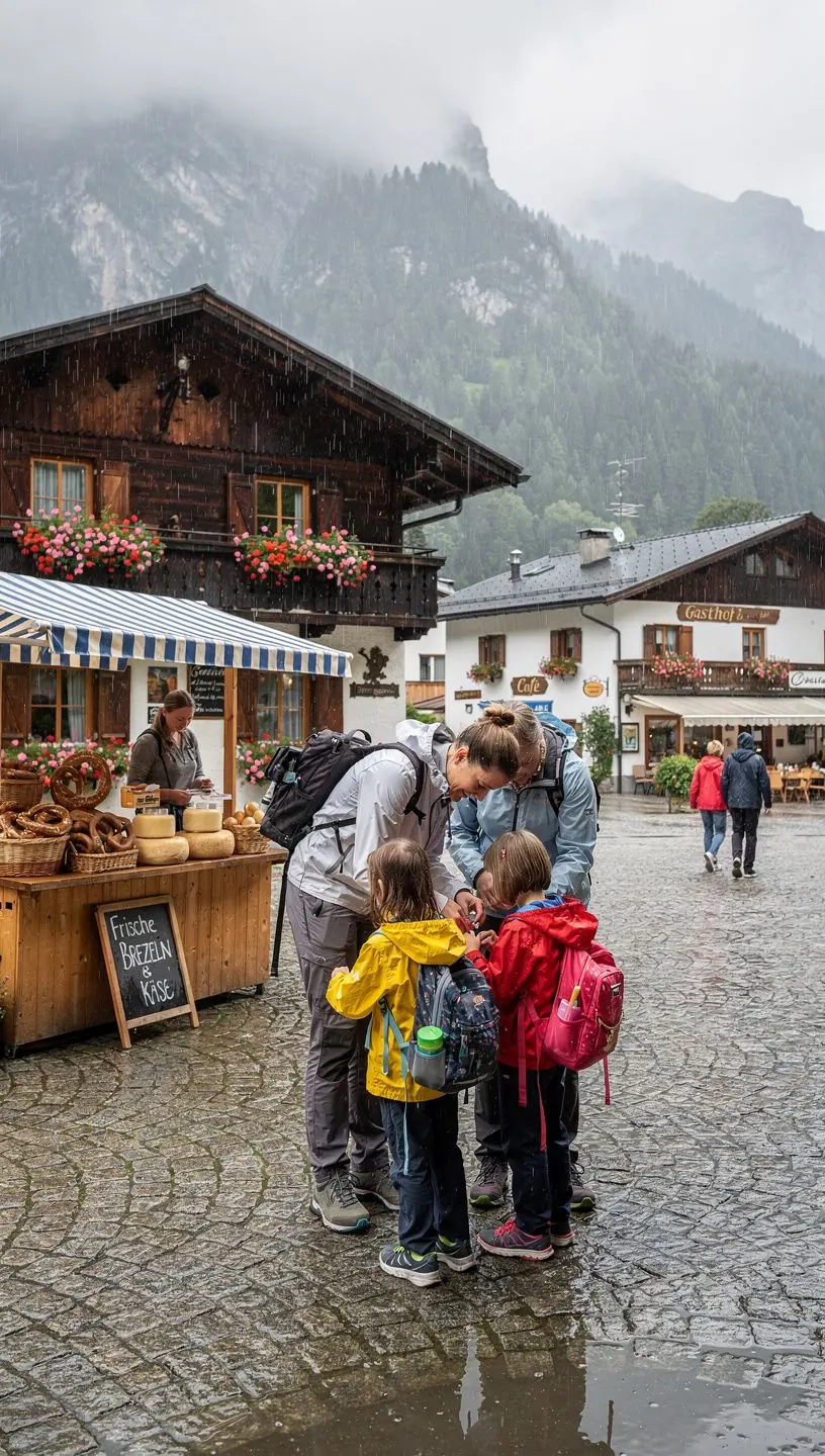 Kinder spielen auf einem sicheren Spielplatz während die Familie eine Pause auf der Reiseroute macht.